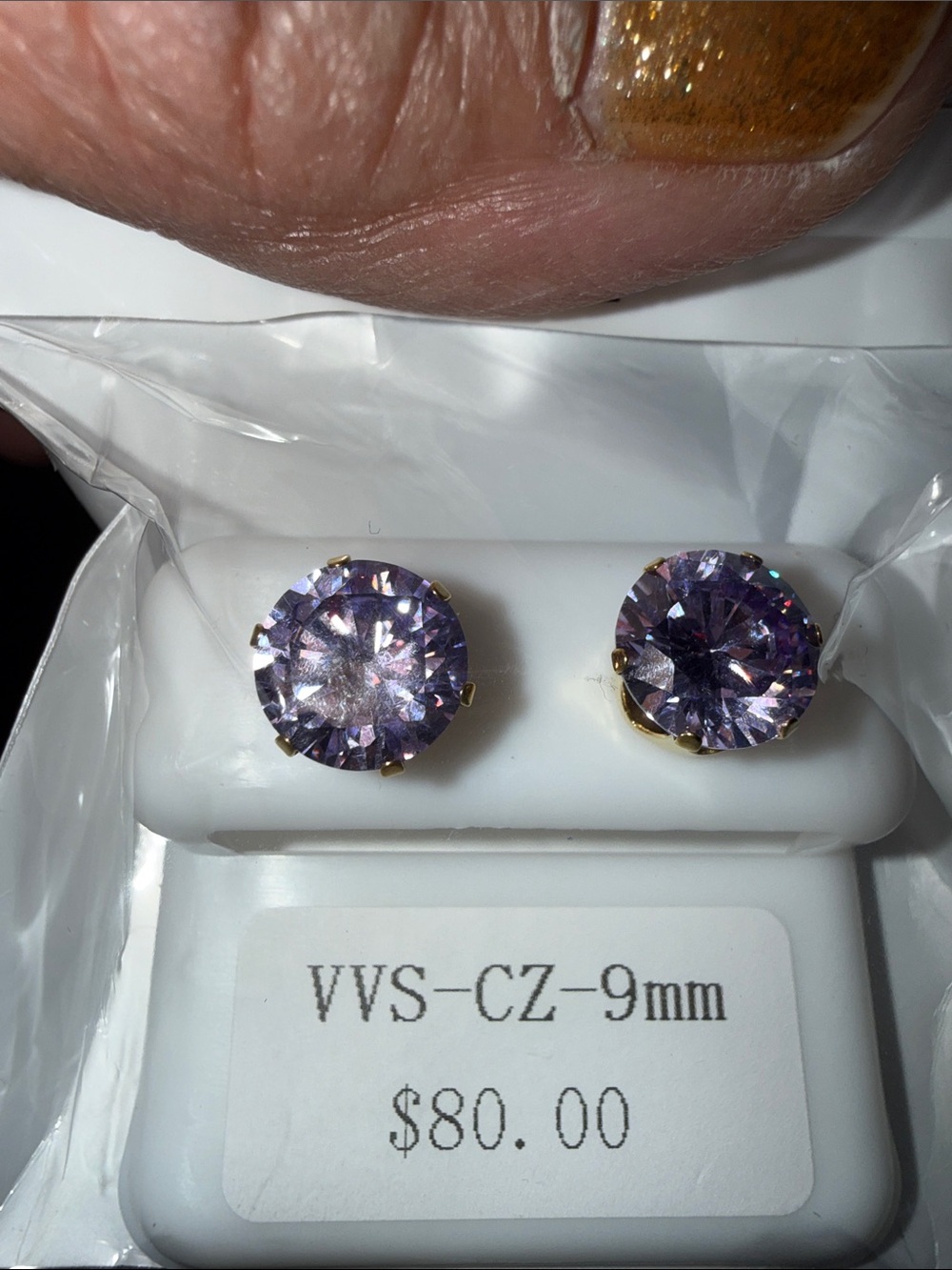 Round Lavender Cubic Zirconia Stud Earrings in Gold